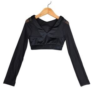 WEISSMAN GIRL'S BLACK LONG SLEEVE MESH SHOULDER CROP TOP DANCEWEAR SIZE IC (6-8)